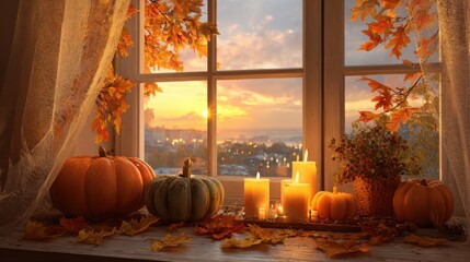 Obraz premium A picturesque autumn windowsill displays pumpkins in various colors, lit candles, and vibrant leaves, creating a warm atmosphere during a beautiful sunset.
