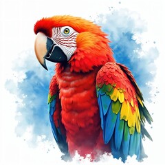 Obraz premium Watercolor illustration of vibrant scarlet macaw parrot. Features vivid red, yellow, blue plumage. Bird striking facial markings, large beak. Isolated on white background with subtle blue watercolor