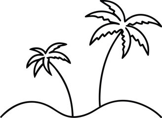 Minimalist line drawing of two palm trees on a sandy shore with a partial sun arc, isolated on white background