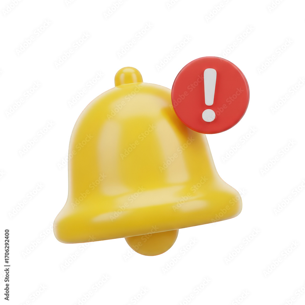Poster a vibrant yellow notification bell icon with a red exclamation mark, ideal for alerting users to imp