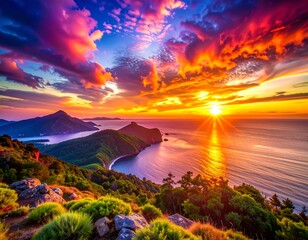Stunning sunset over a coastal mountain range