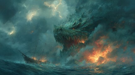 Obraz premium A large, fearsome creature rises from tumultuous ocean waves, while a ship is engulfed in flames. Lightning strikes illuminate dark clouds, adding to the chaos of the battle.