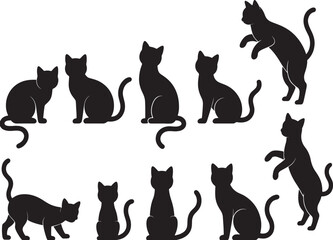 Set of black cat silhouettes in various poses including sitting, stretching, and playing isolated on a white background illustration