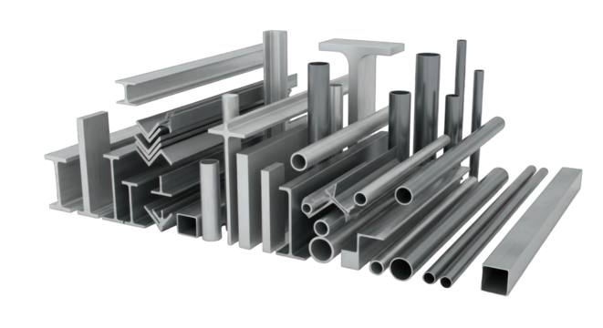 Assortment of Steel Beams Pipes and Metal Profiles.
