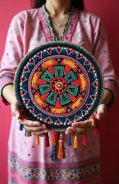 Intricate Rabari traditional embroidery vibrant carpet with folk art designs. Indian handicraft features detailed needlework, colorful beads, embodying rich tribal culture. Piece tassels, ornamental
