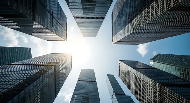 Looking up at modern skyscrapers against a bright sun and blue sky buildings architecture