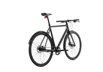 Matte black single-speed bicycle, minimalist carbon frame, red taillight, transparent studio cyclorama, soft shadowless light, sustainable urban mobility concept.