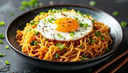 A bowl of seasoned noodles crowned with a sunny-side-up egg&mdash;where spice, texture, and warmth come together in a comforting culinary embrace.