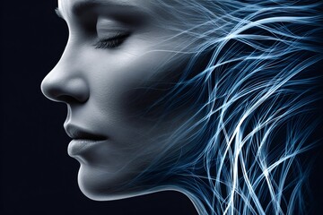 Fototapeta premium Woman face profile with flowing light streaks emerging from hair