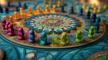A Circle of Strategy - Colorful Meeples on an Ornate Mandala Game Board.