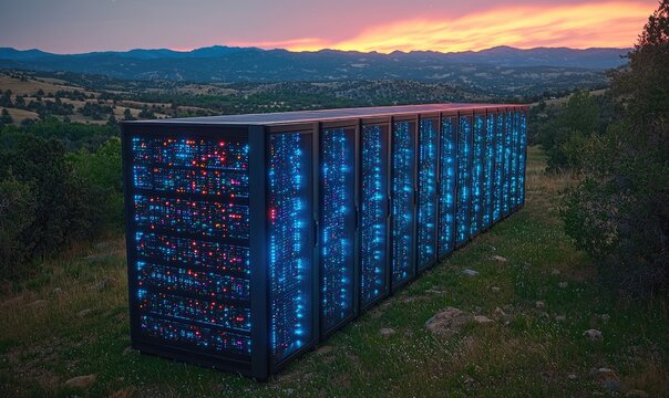 Futuristic server farm on a hillside at sunset