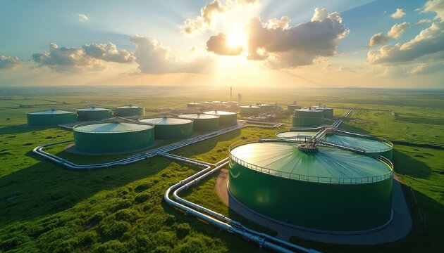 Large-scale anaerobic digestion plant with pipelines transports biomethane, circular economy in renewable energy. Green tanks store biogas for sustainable fuel production. Industrial facility clean