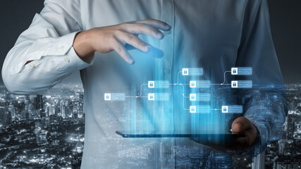 Blockchain structure showing distributed data blocks linked with encryption, representing secure...