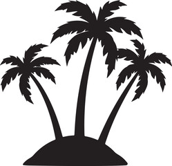 Silhouette of three palm trees on a small island symbolizing tropical paradise and vacation silhouette