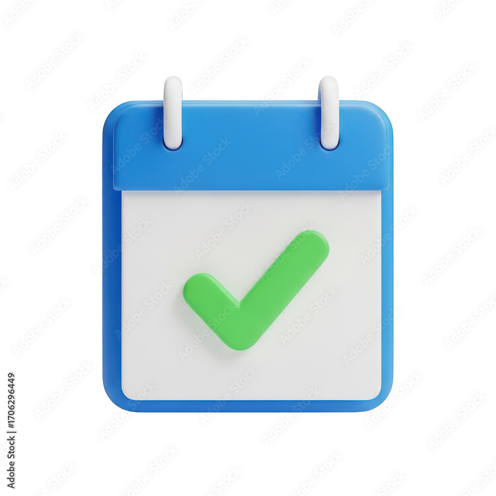 Aufkleber blue calendar icon with green check mark on transparent background representing task completion and 