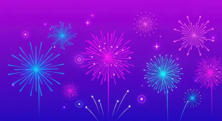 Vibrant fireworks explode in a dazzling display of blue and pink against a gradient purple sky, perfect for celebrations.