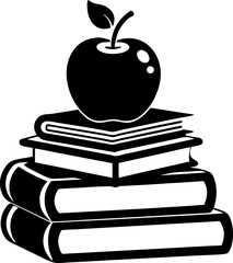 A stack of books with an apple note on top. silhouette vector black , white background 