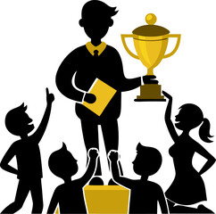  Teacher receiving a big golden trophy from students. silhouette vector black , white background 