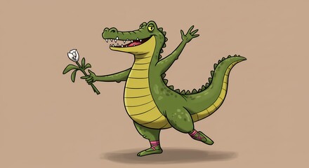 Obraz premium Cartoon crocodile dancing with flower