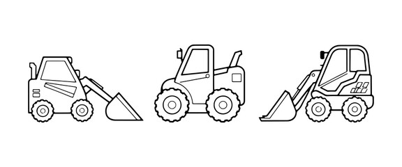 Naklejka premium Various types of construction vehicles lined up in a simple design showcasing their distinct shapes and functionalities