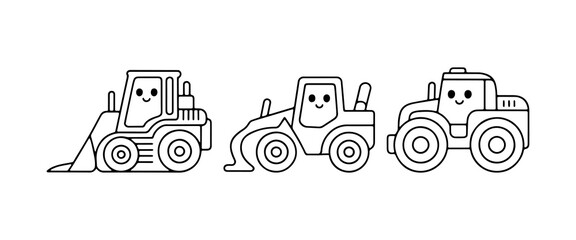 Naklejka premium Cute cartoon construction vehicles lined up in a whimsical design on a white background showcasing their happy faces