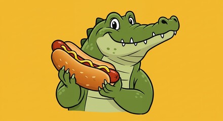 Fototapeta premium Cartoon crocodile eating hot dog