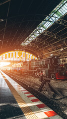 vintage trains at Hua Lamphong station in Bangkok, historic rail heritage, classic locomotives exhibition in grand Thai railway hall, nostalgic travel era