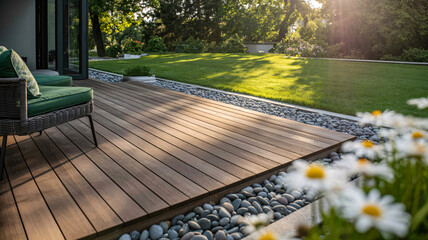 Sunny modern deck with garden landscaping for outdoor relaxation