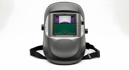 This is a welding helmet designed to protect the face and eyes from sparks, intense light, and heat during welding. It features an adjustable strap and a tinted viewing window for safety and comfort.
