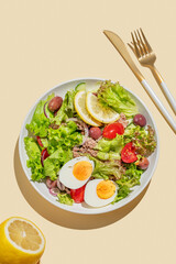 Tuna salad with cherry tomatoes, eggs, olives and cucumbers in a white plate on a bright yellow background