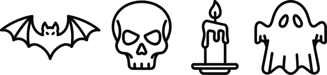 Minimalist halloween icons featuring a bat skull candle and ghost on white