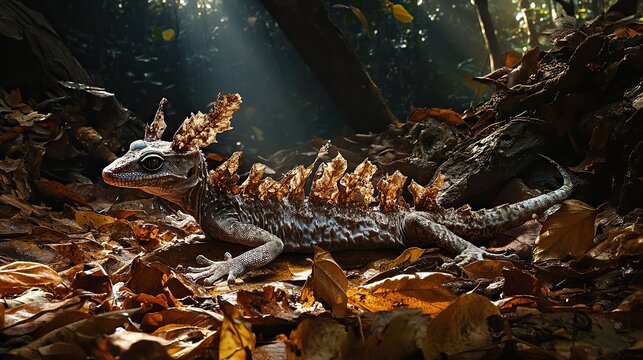 Satanic leaf-tailed gecko curled on a forest floor covered in sunlit fallen leaves, indistinguishable from its surroundings 