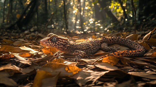 Satanic leaf-tailed gecko curled on a forest floor covered in sunlit fallen leaves, indistinguishable from its surroundings  - Powered by Adobe