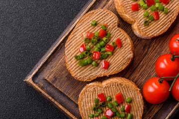 Vegan sandwiches with bread, mushroom or bean pate and vegetables. Vegetarian pate sandwiches
