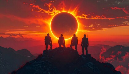 Fototapeta premium Epic mountain silhouette figures at sunset eclipse