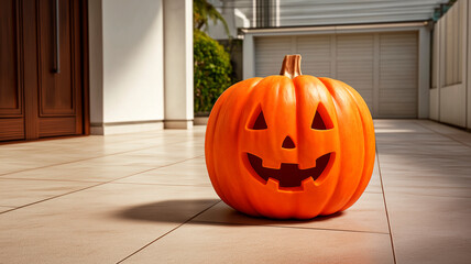 A classic Halloween jack-o'-lantern with a friendly smile sitting on a patio floor outside a modern home.
