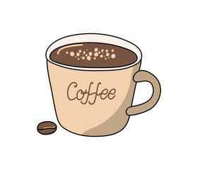 Cup of coffee. Hand lettering. Coffee bean. Line icon. International coffee day. Drawing, doodle. 