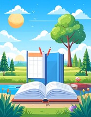 Open book in a lush landscape, sunny day