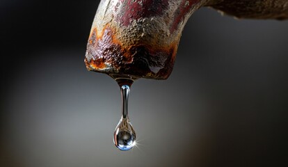 Close-up of a single water droplet falling from a rusty tap, dark blurred background, environmental scarcity metaphor.