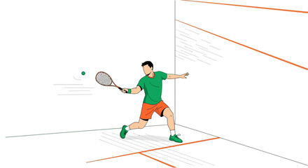 Squash Player Making Powerful Shot With Racket Against Wall In Simplified Illustration