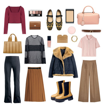 Female clothing collection,women's clothes set isolated.FAshion garment board. Collage of autumn style apparel.