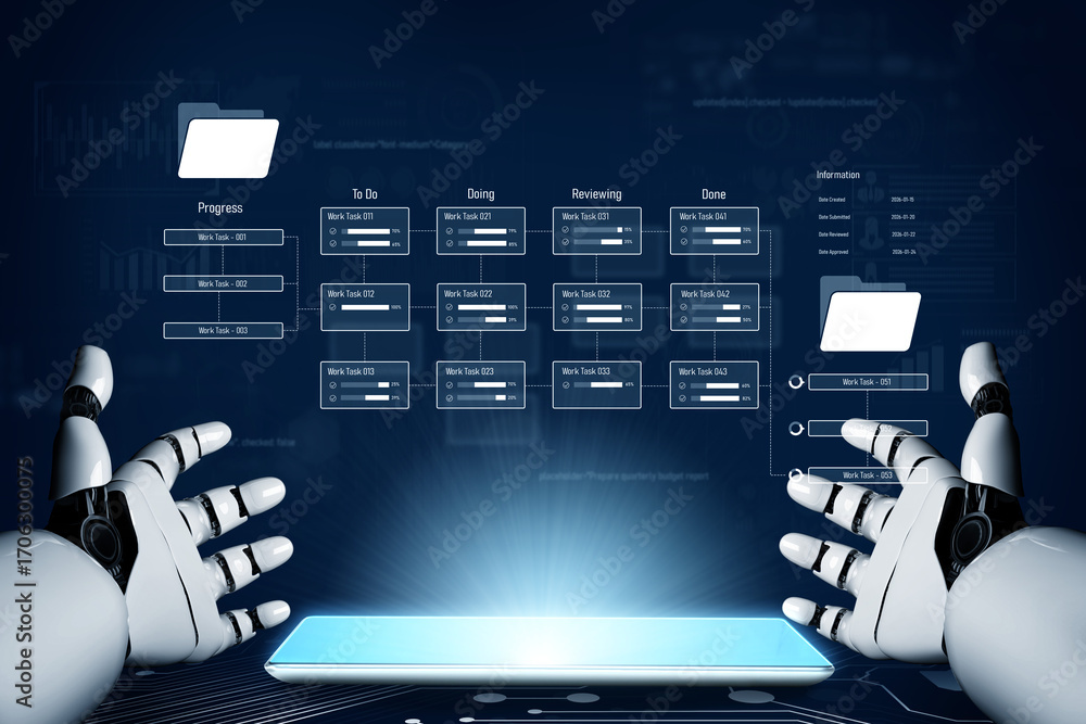 Aufkleber ai analyzing task progress, reviewing workflow pipeline, updating task stages, and improving project