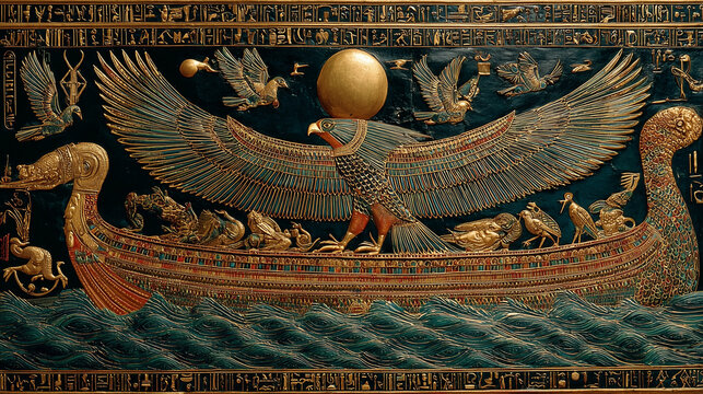 The Egyptian sun god Ra on his solar barge, depicted in ancient hieroglyphic style.