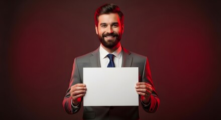A smiling bearded businessman in a grey suit holds a blank white sign for a message against a dark red background.