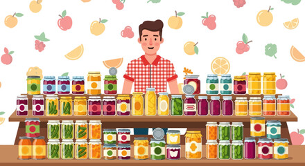 Vendor Showcasing Preserved Foods And Jars On Display With Fresh Fruit Backdrops