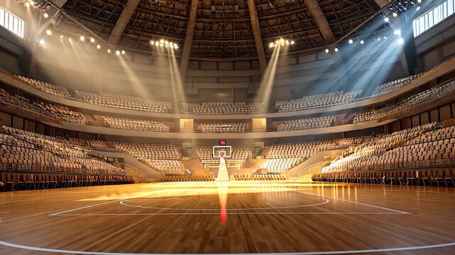 Spacious arena with hardwood court, stadium seating, overhead lighting