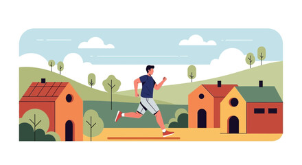 Vibrant Illustration Of A Runner Exercising Near Colored Houses Amidst Natural Beauty