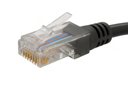 Close up of ethernet cable connector showing internal wiring on transparent background