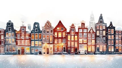 Fototapeta premium Watercolor Dutch Canal Houses – Realistic Amsterdam Holland Architecture Street Facades with Bicycles, Flowers and Snow