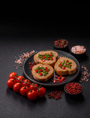 Vegan sandwiches with bread, mushroom or bean pate and vegetables. Vegetarian pate sandwiches